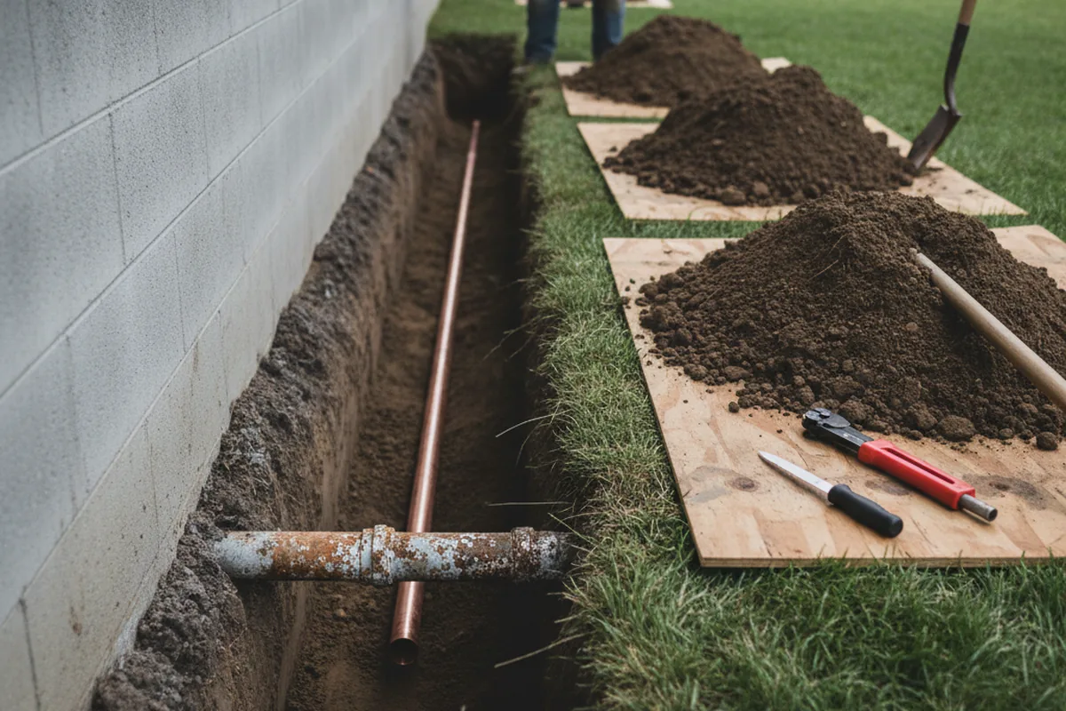 Excavated water line trench during Water Softener Installation in Grove City
